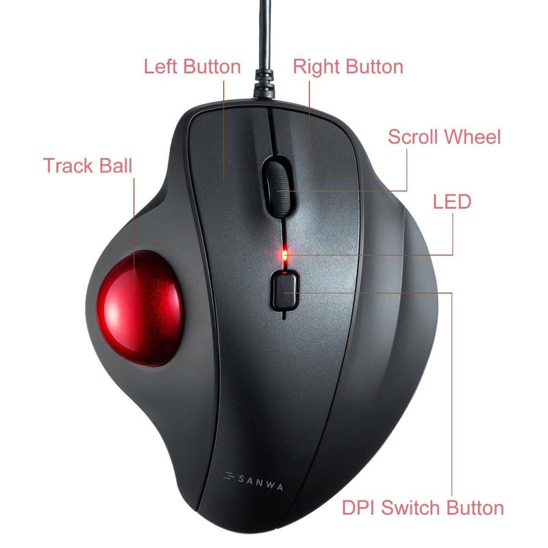 SANWA Wired Ergonomic Trackball Mouse, Optical Vertical Rollerball Mice, Silent Buttons, 34mm Trackball, 600/800/1200/1600 DPI, Compatible with MacBook, Laptop, Computer, Windows, macOS, Red - Image 2
